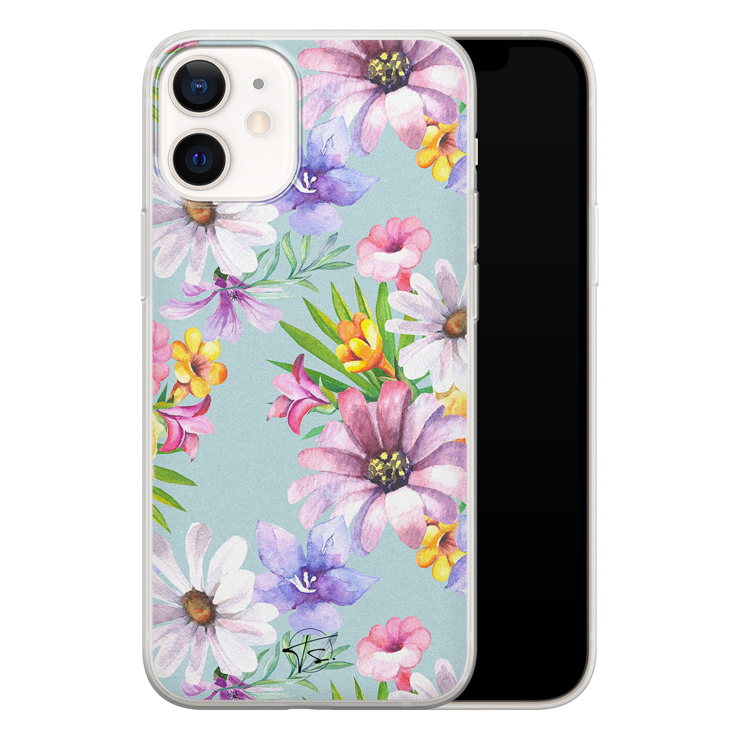 Telefoonhoesje Store iPhone 12 mini siliconen hoesje - Mint bloemen