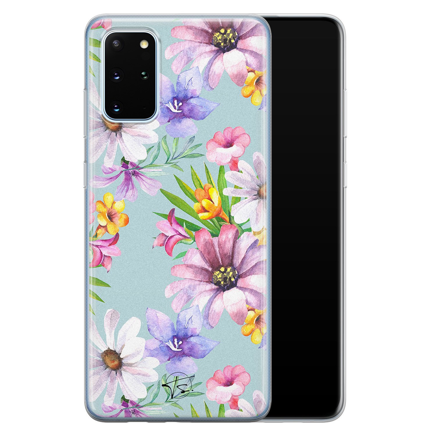 Telefoonhoesje Store Samsung Galaxy S20 Plus siliconen hoesje - Mint bloemen