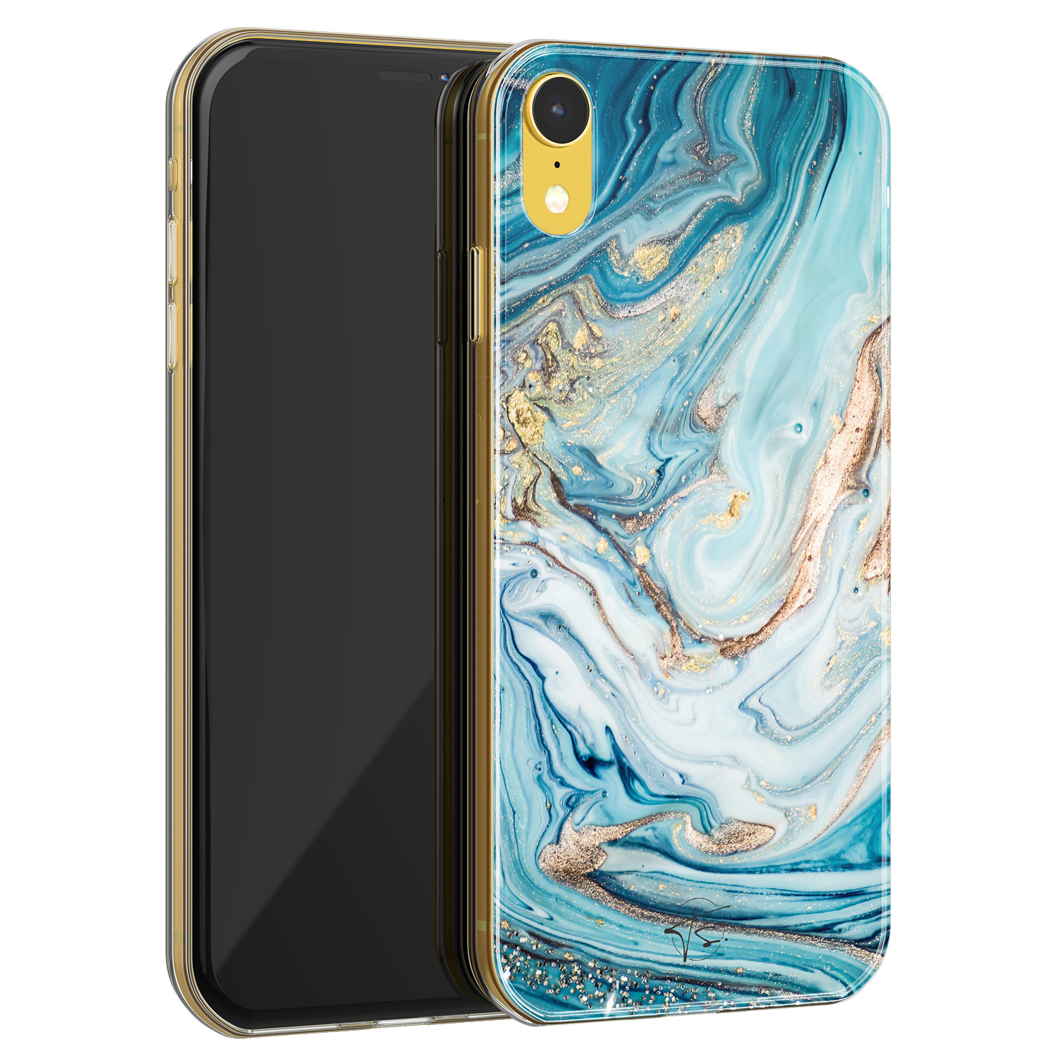 Telefoonhoesje Store iPhone XR siliconen hoesje - Marmer blauw goud