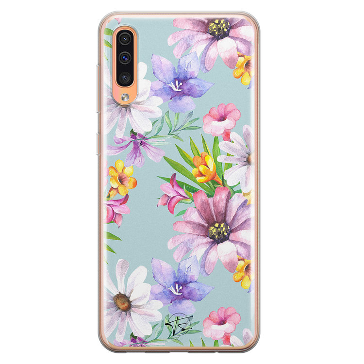 Telefoonhoesje Store Samsung Galaxy A70 siliconen hoesje - Mint bloemen