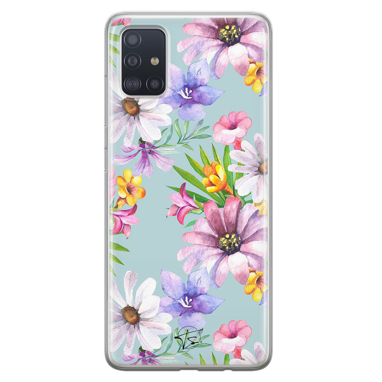 Telefoonhoesje Store Samsung Galaxy A51 siliconen hoesje - Mint bloemen