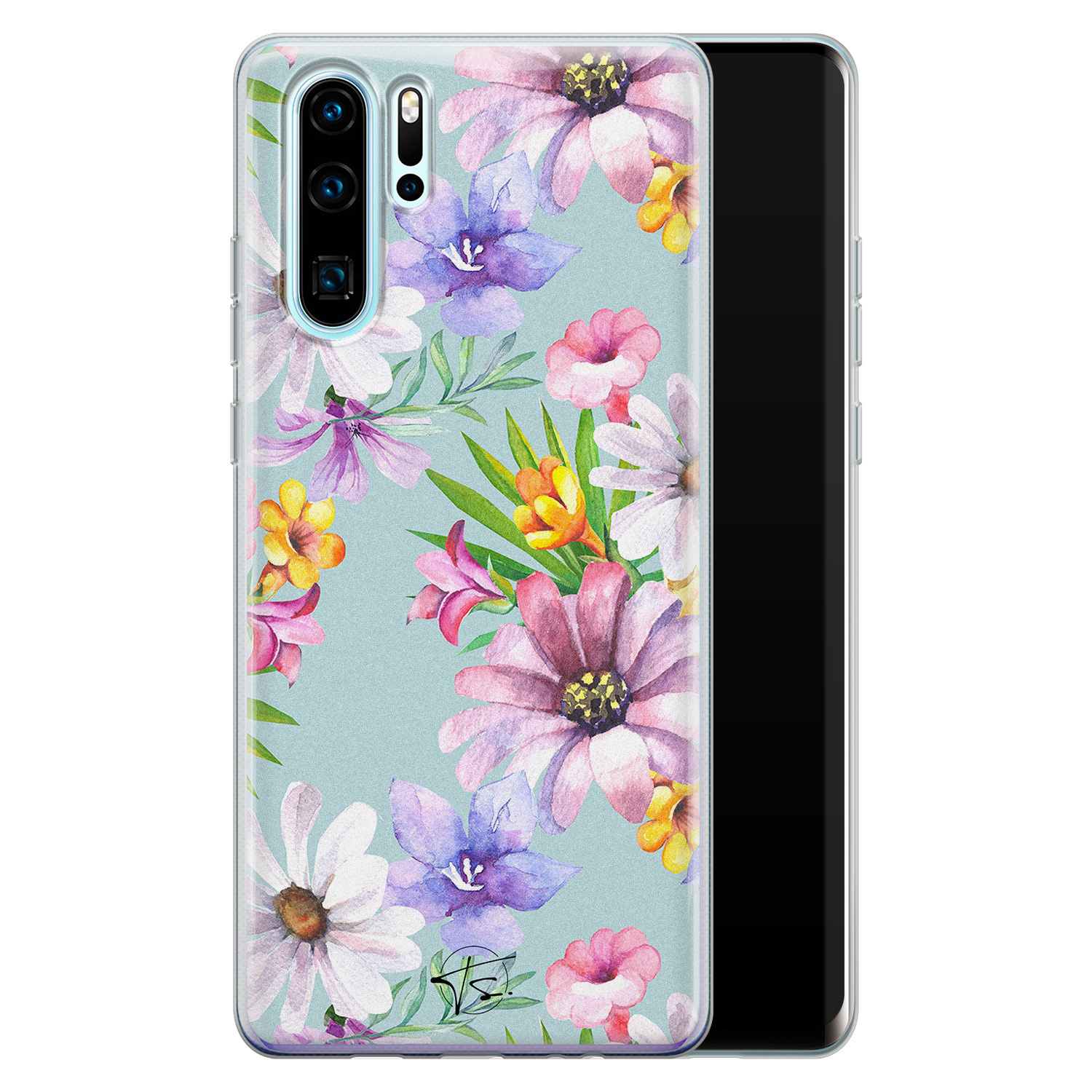 Telefoonhoesje Store Huawei P30 Pro siliconen hoesje - Mint bloemen