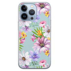 Telefoonhoesje Store iPhone 13 Pro siliconen hoesje - Mint bloemen