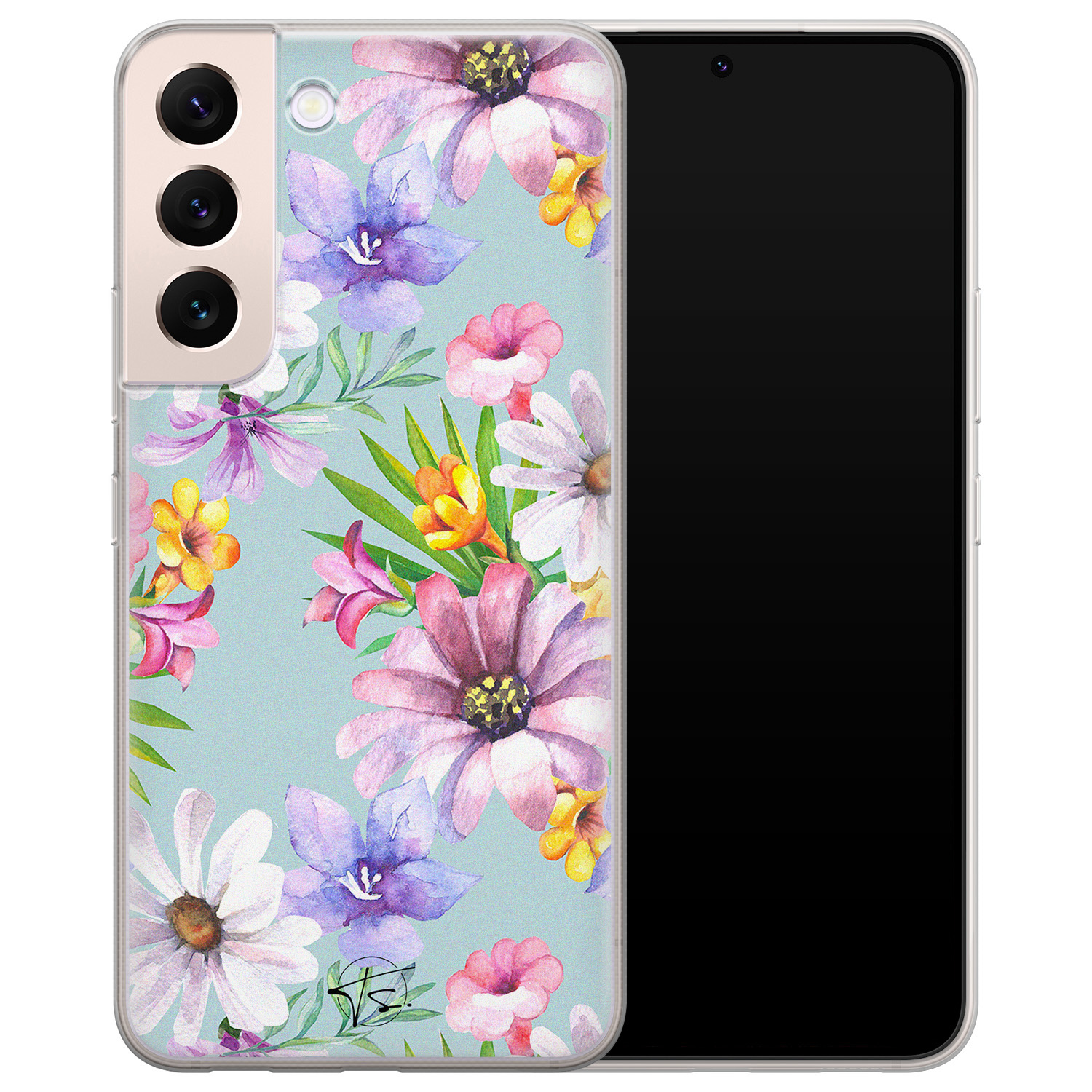 Telefoonhoesje Store Samsung Galaxy S22 siliconen hoesje - Mint bloemen