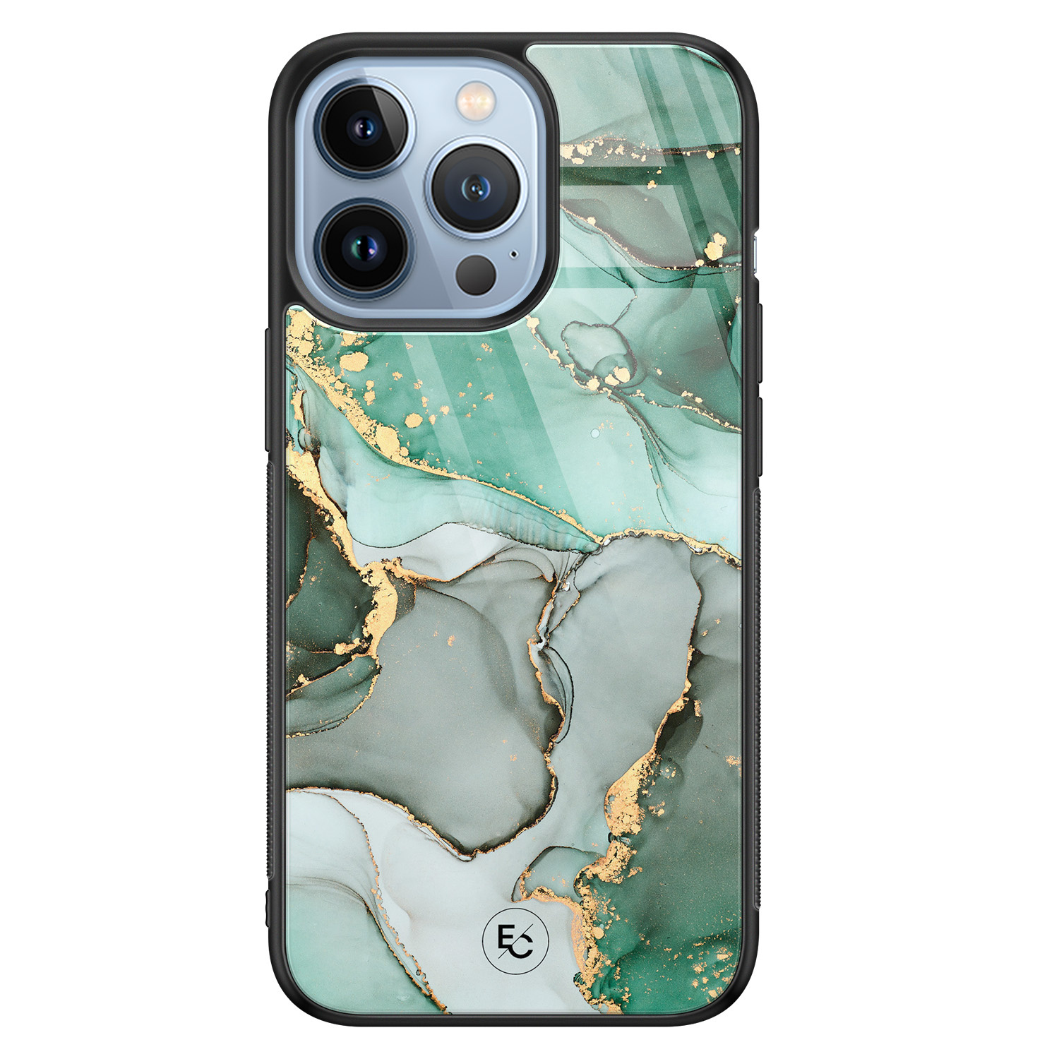 ELLECHIQ iPhone 13 Pro hoesje glas - Groen Grijs Marmer