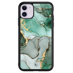 ELLECHIQ iPhone 11 hoesje glas - Groen Grijs Marmer