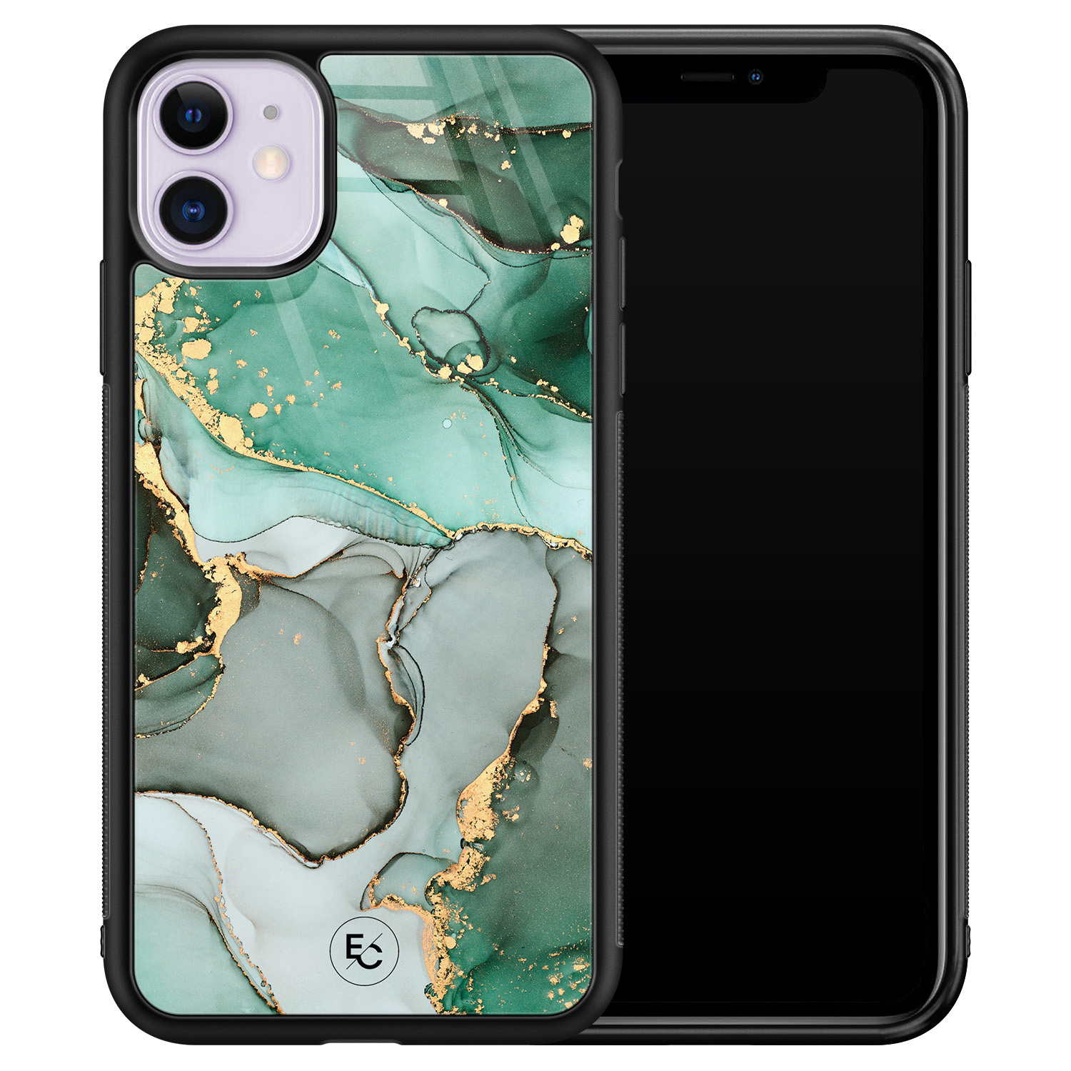 ELLECHIQ iPhone 11 hoesje glas - Groen Grijs Marmer