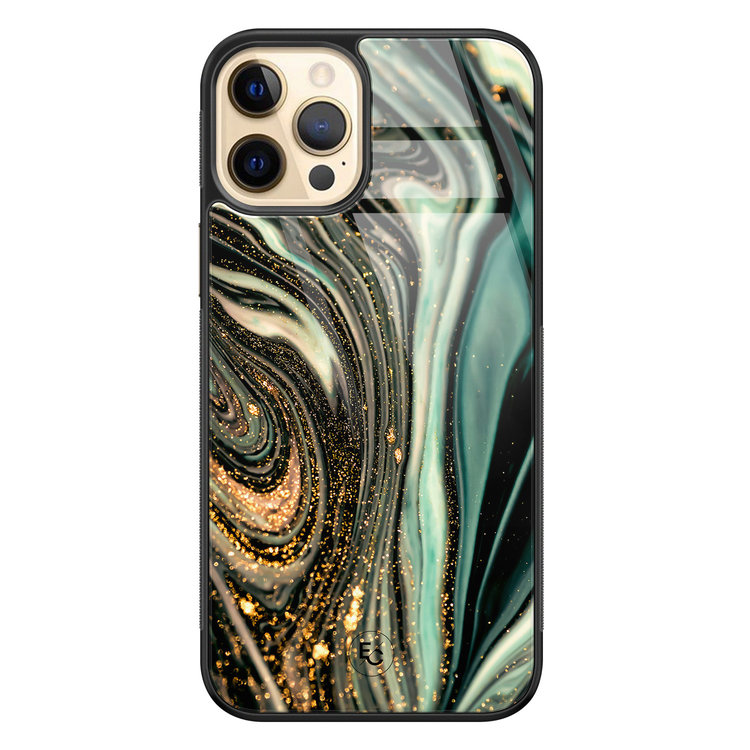 Telefoonhoesje Store iPhone 12 (Pro) hoesje glas - Marble Khaki Swirl