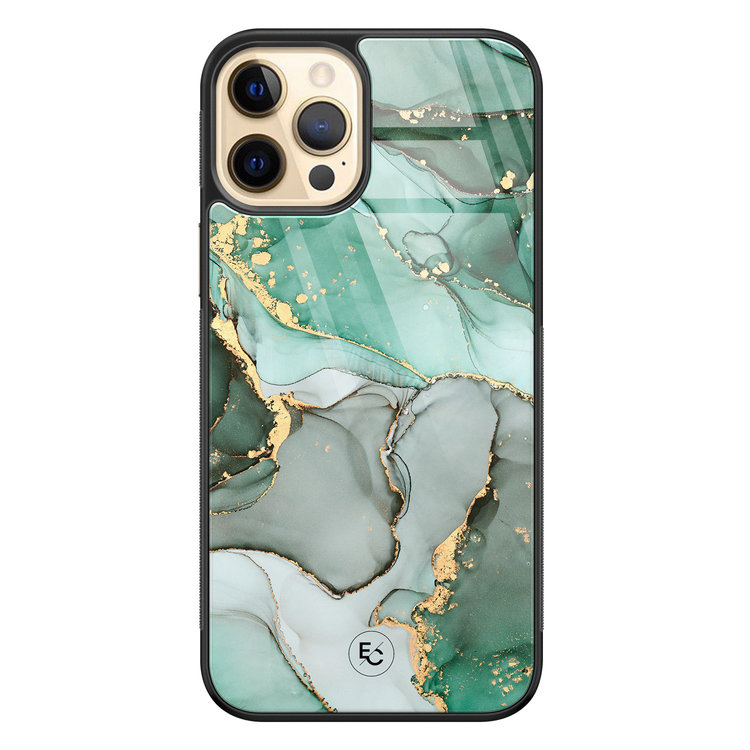 ELLECHIQ iPhone 12 (Pro) hoesje glas - Groen Grijs Marmer