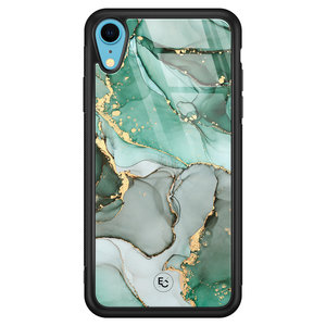 ELLECHIQ iPhone XR hoesje glas - Groen Grijs Marmer