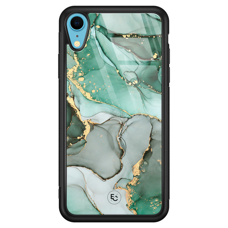 ELLECHIQ iPhone XR hoesje glas - Groen Grijs Marmer