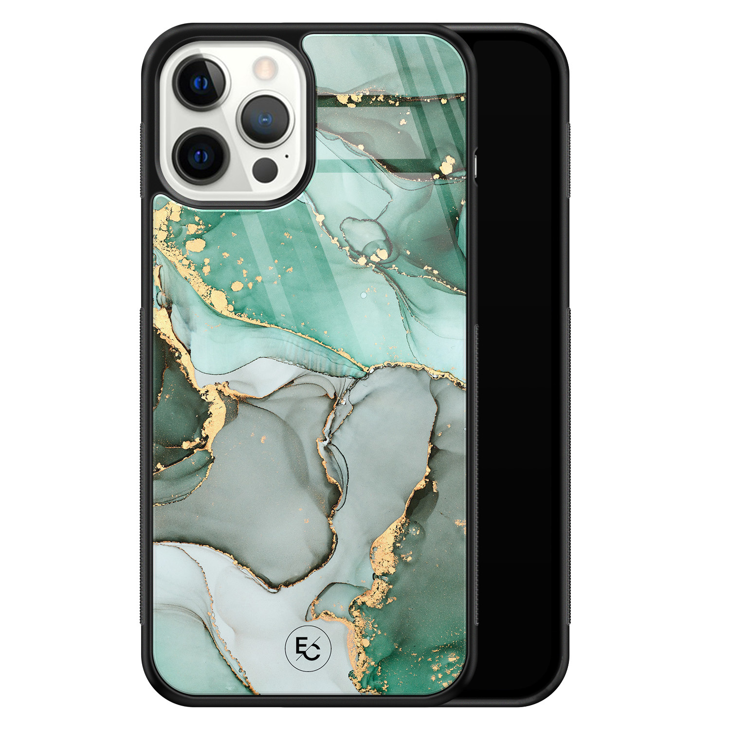 ELLECHIQ iPhone 12 Pro Max hoesje glas - Groen Grijs Marmer