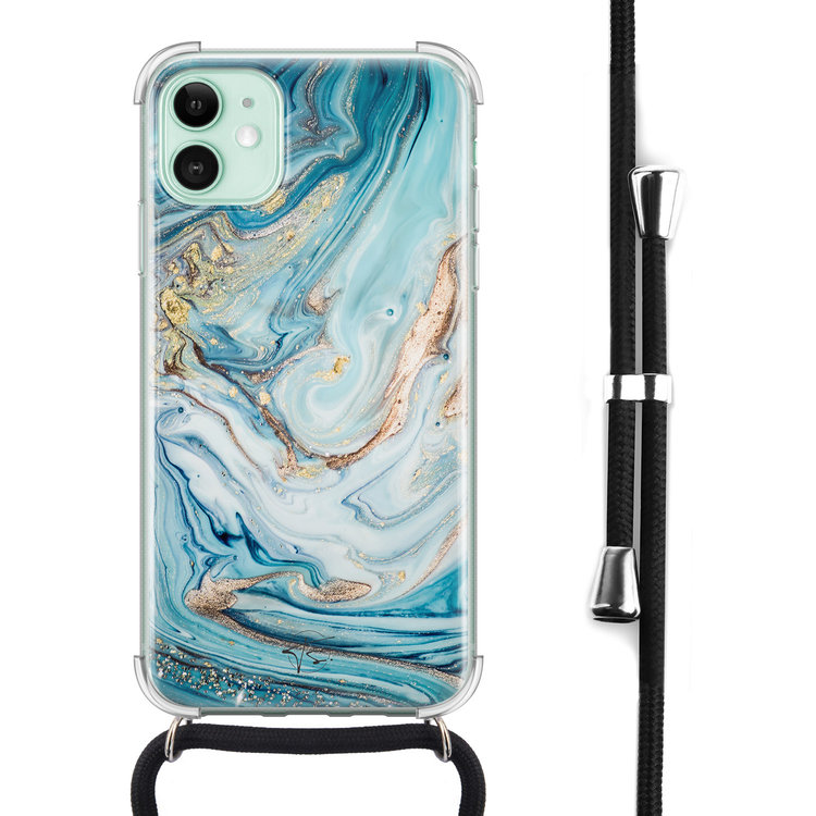 Telefoonhoesje Store iPhone 11 hoesje met koord - Marmer blauw goud