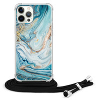 Telefoonhoesje Store iPhone 12 (Pro) hoesje met koord - Marmer blauw goud