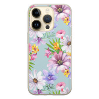 Telefoonhoesje Store iPhone 14 Pro siliconen hoesje - Mint bloemen