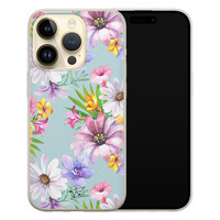 Telefoonhoesje Store iPhone 14 Pro siliconen hoesje - Mint bloemen