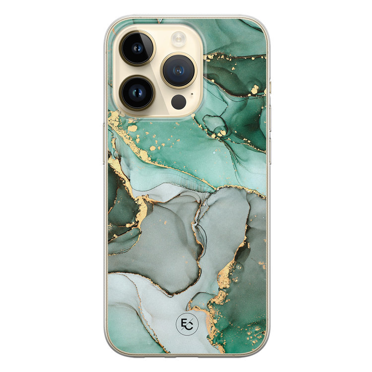 ELLECHIQ iPhone 14 Pro siliconen hoesje - Groen grijs marmer