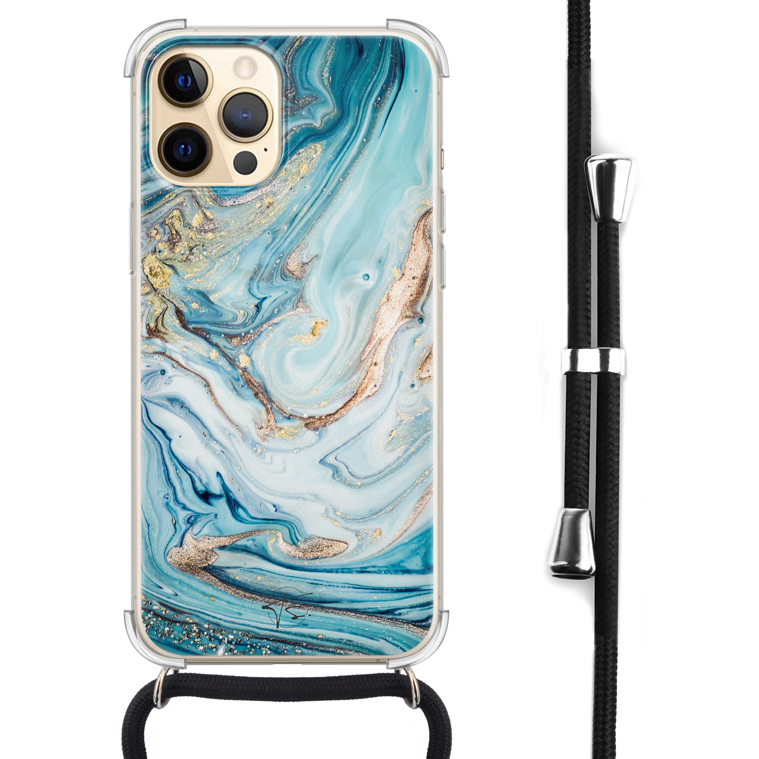 Telefoonhoesje Store iPhone 12 Pro Max hoesje met koord - Marmer blauw goud