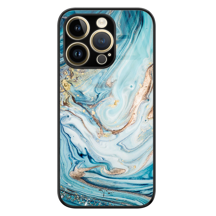 Telefoonhoesje Store iPhone 14 Pro hoesje glas - Marmer blauw goud