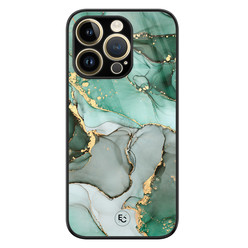 ELLECHIQ iPhone 14 Pro hoesje glas - Groen Grijs Marmer