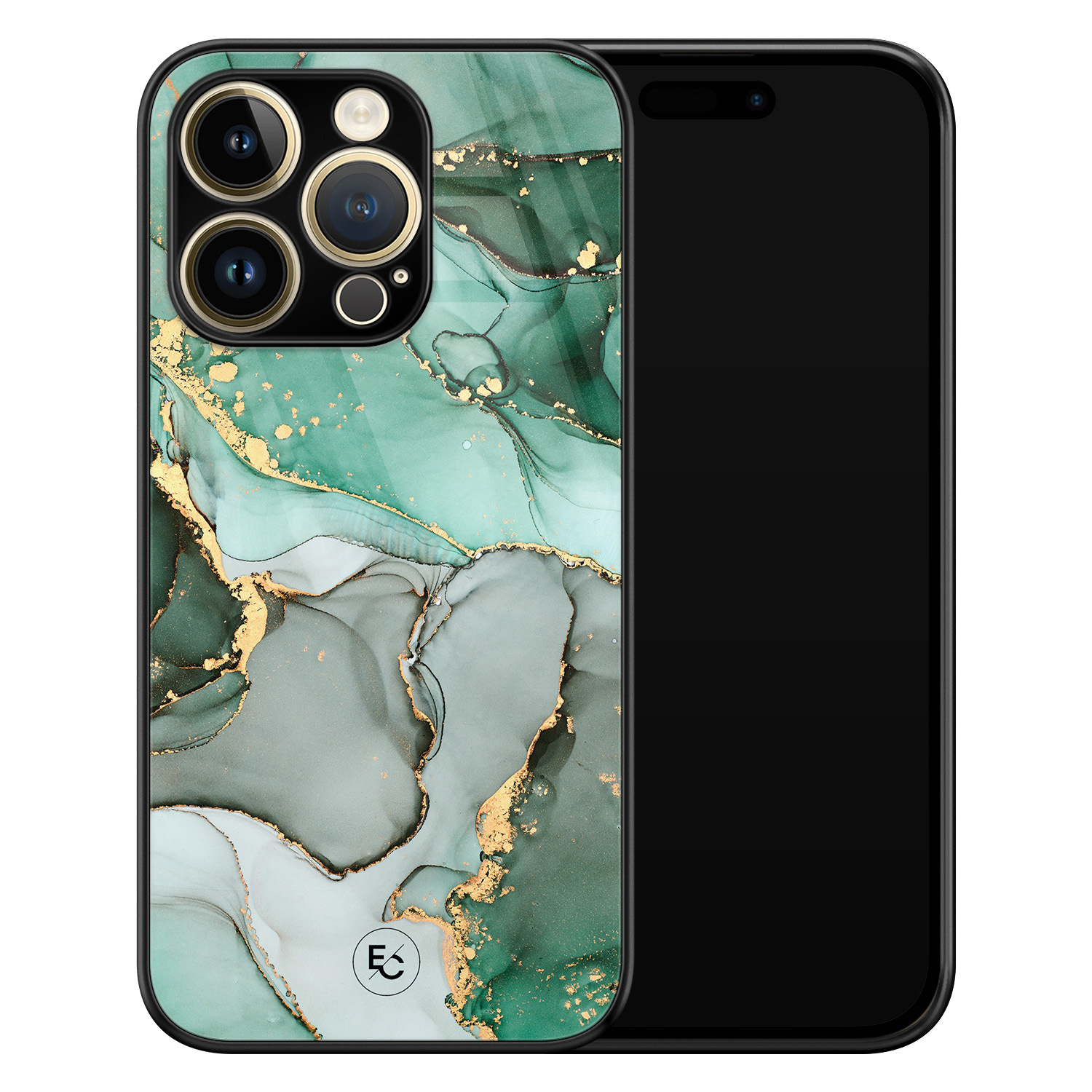 ELLECHIQ iPhone 14 Pro hoesje glas - Groen Grijs Marmer