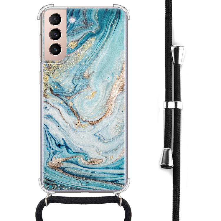 Telefoonhoesje Store Samsung Galaxy S21 hoesje met koord - Marmer blauw goud