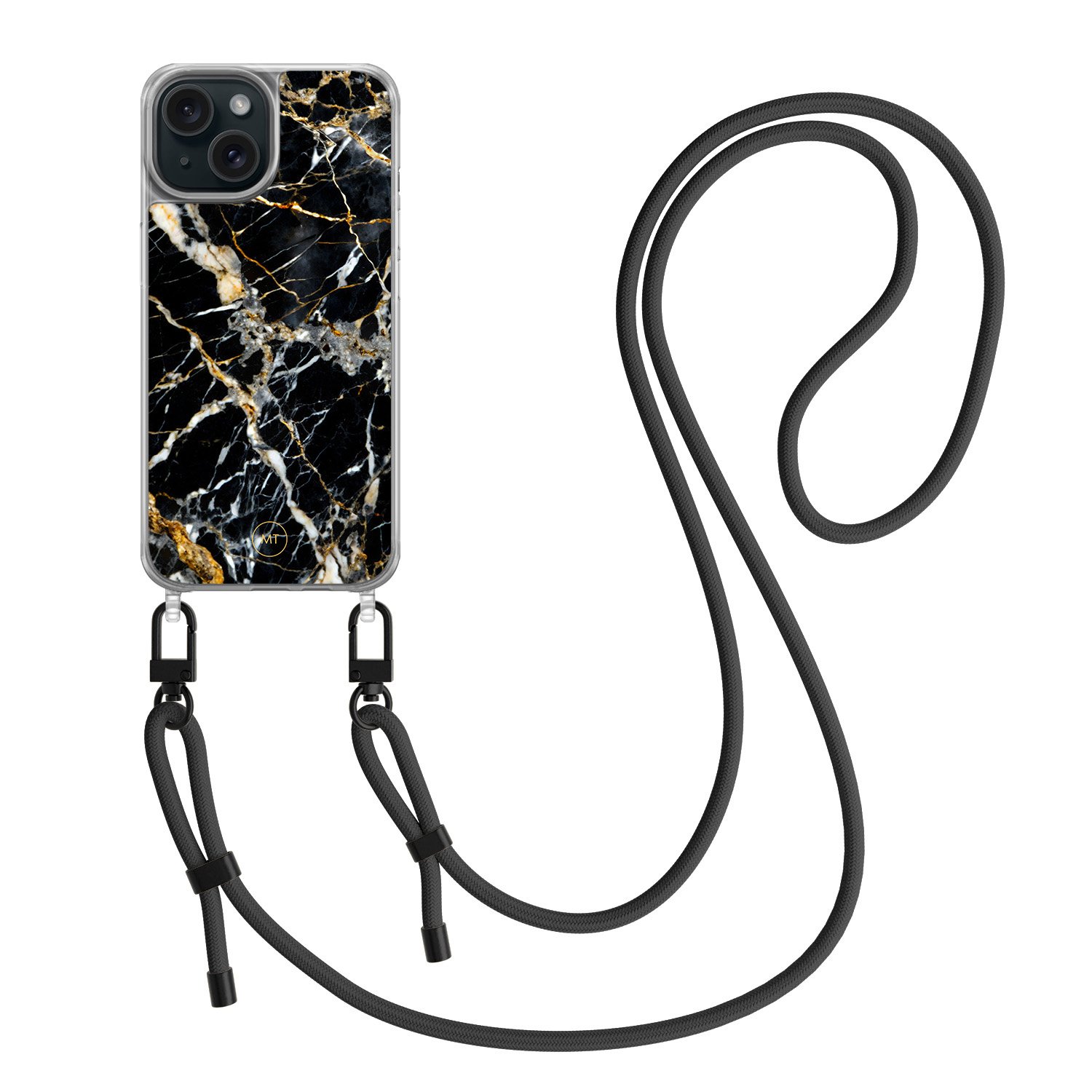 Mooie Telefoonhoesjes iPhone 15 hoesje met zwart koord - Black marble elegance