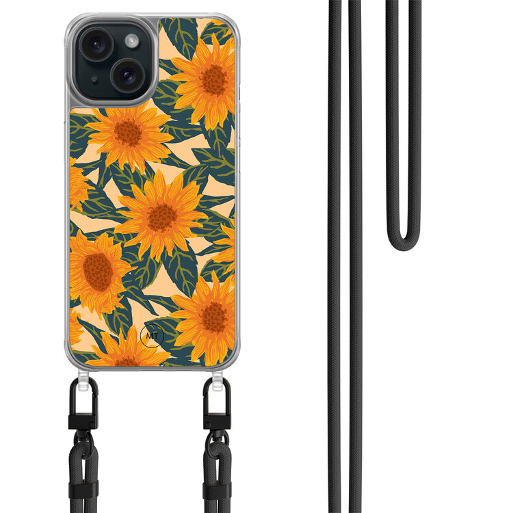 Mooie Telefoonhoesjes iPhone 15 hoesje met zwart koord - Zonnebloemen