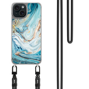 Mooie Telefoonhoesjes iPhone 15 hoesje met zwart koord - Marmer blauw goud