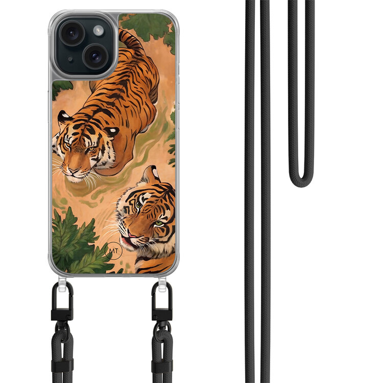 Mooie Telefoonhoesjes iPhone 15 hoesje met zwart koord - Wild tigers