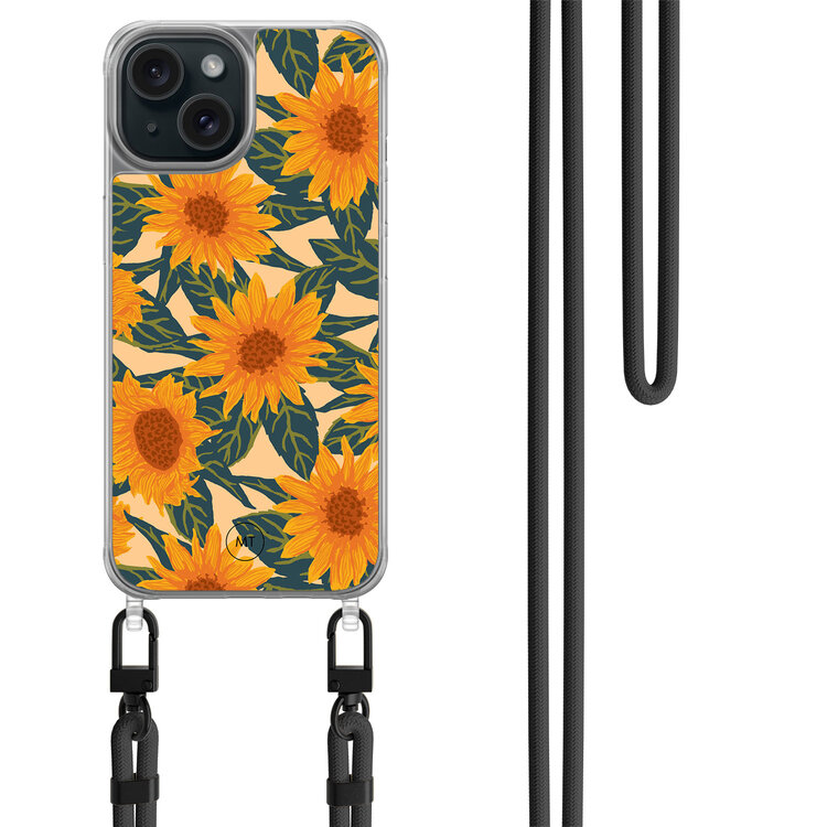 Mooie Telefoonhoesjes iPhone 14 hoesje met zwart koord - Zonnebloemen