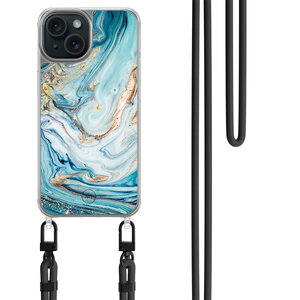 Mooie Telefoonhoesjes iPhone 14 hoesje met zwart koord - Marmer blauw goud