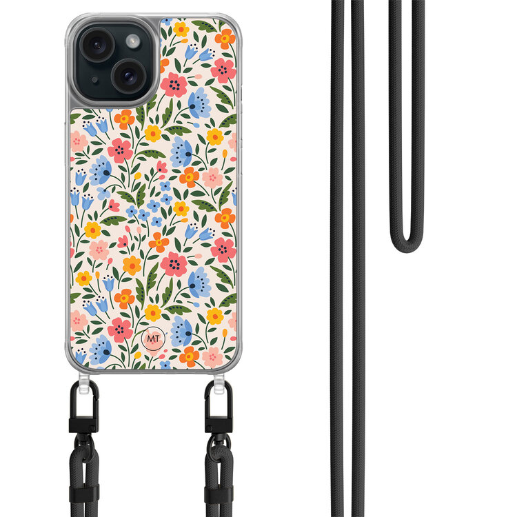 Mooie Telefoonhoesjes iPhone 14 hoesje met zwart koord - Romantische bloemen