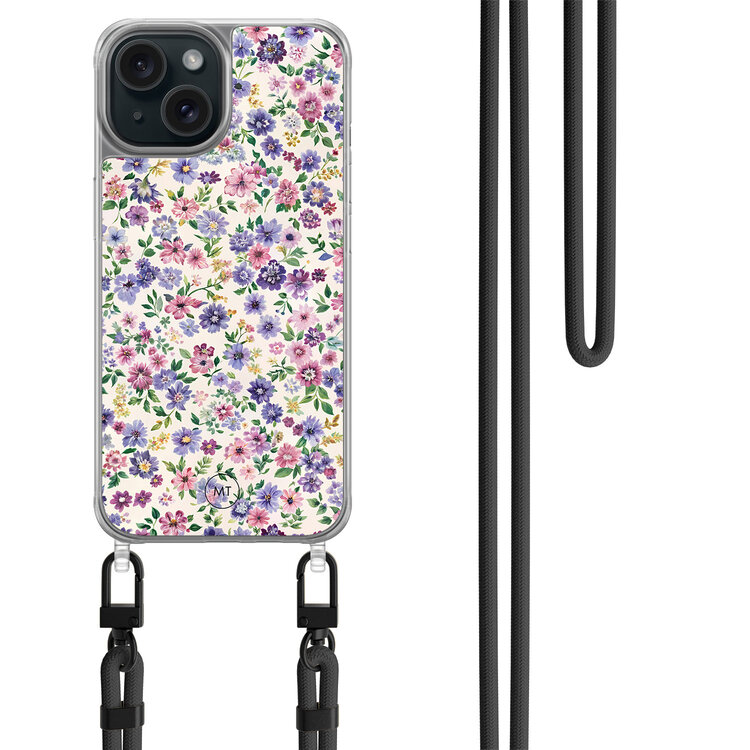 Mooie Telefoonhoesjes iPhone 14 hoesje met zwart koord - Purple garden