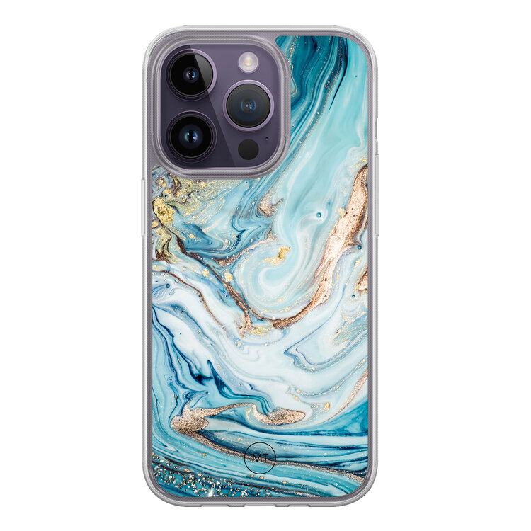 Mooie Telefoonhoesjes iPhone 15 Pro hybride hoesje - Marmer blauw goud