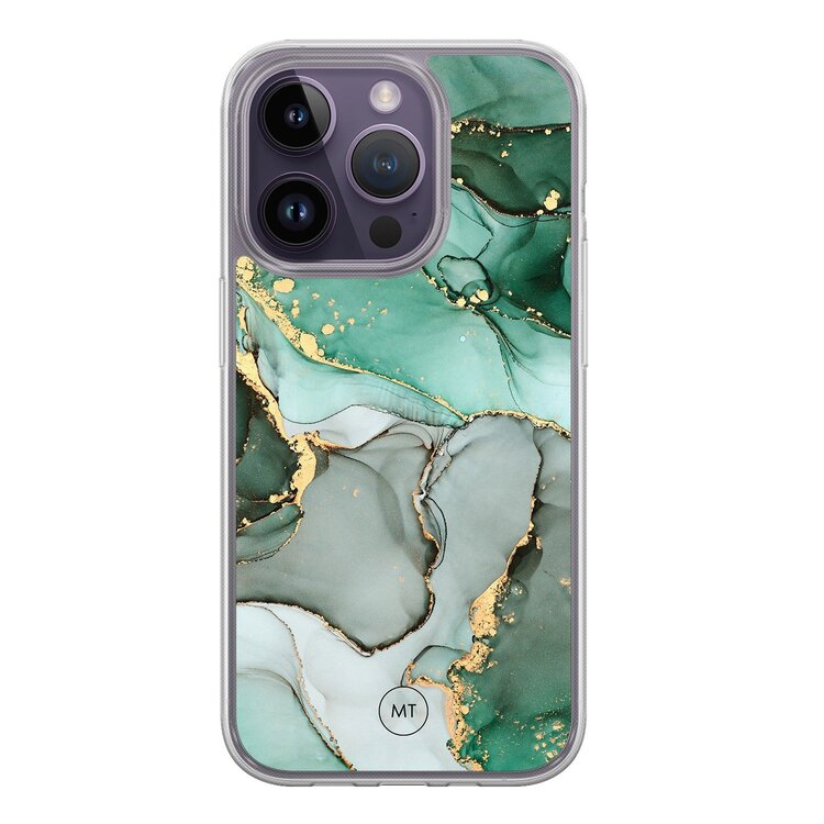 Mooie Telefoonhoesjes iPhone 13 Pro hybride hoesje - Groen grijs marmer