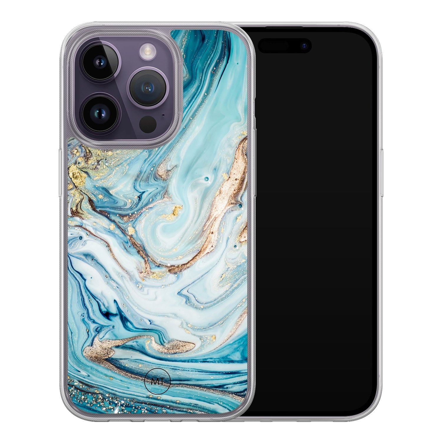 Mooie Telefoonhoesjes iPhone 13 Pro hybride hoesje - Marmer blauw goud