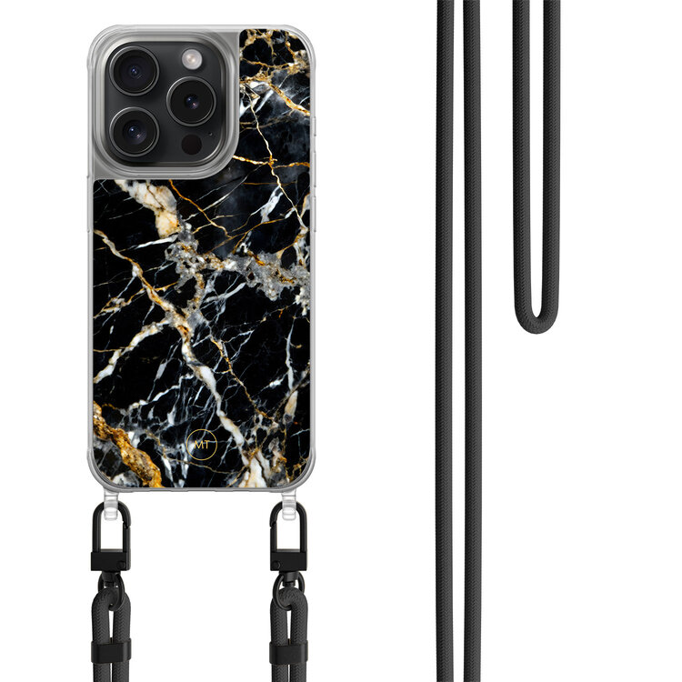 Mooie Telefoonhoesjes iPhone 15 Pro hoesje met zwart koord - Black marble elegance