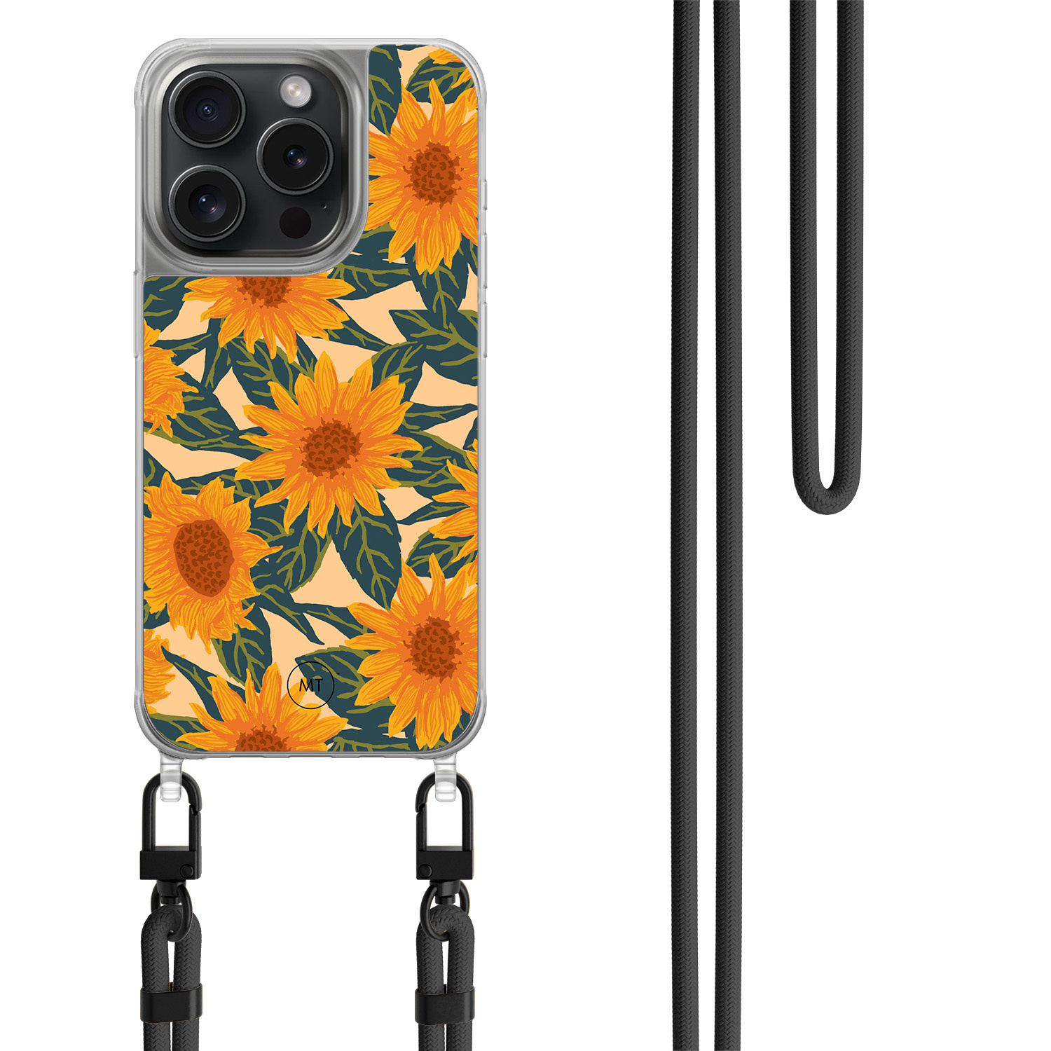 Mooie Telefoonhoesjes iPhone 15 Pro hoesje met zwart koord - Zonnebloemen