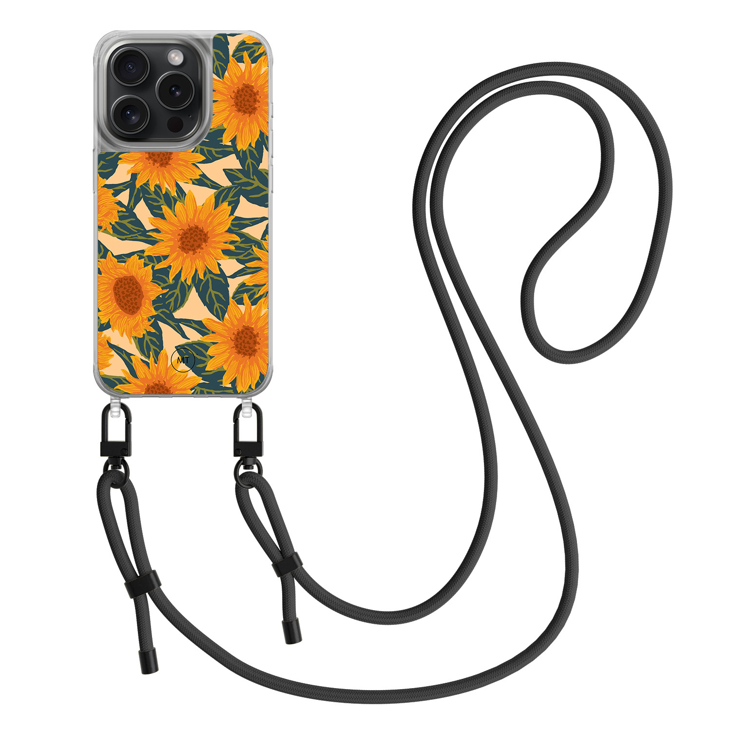 Mooie Telefoonhoesjes iPhone 15 Pro hoesje met zwart koord - Zonnebloemen