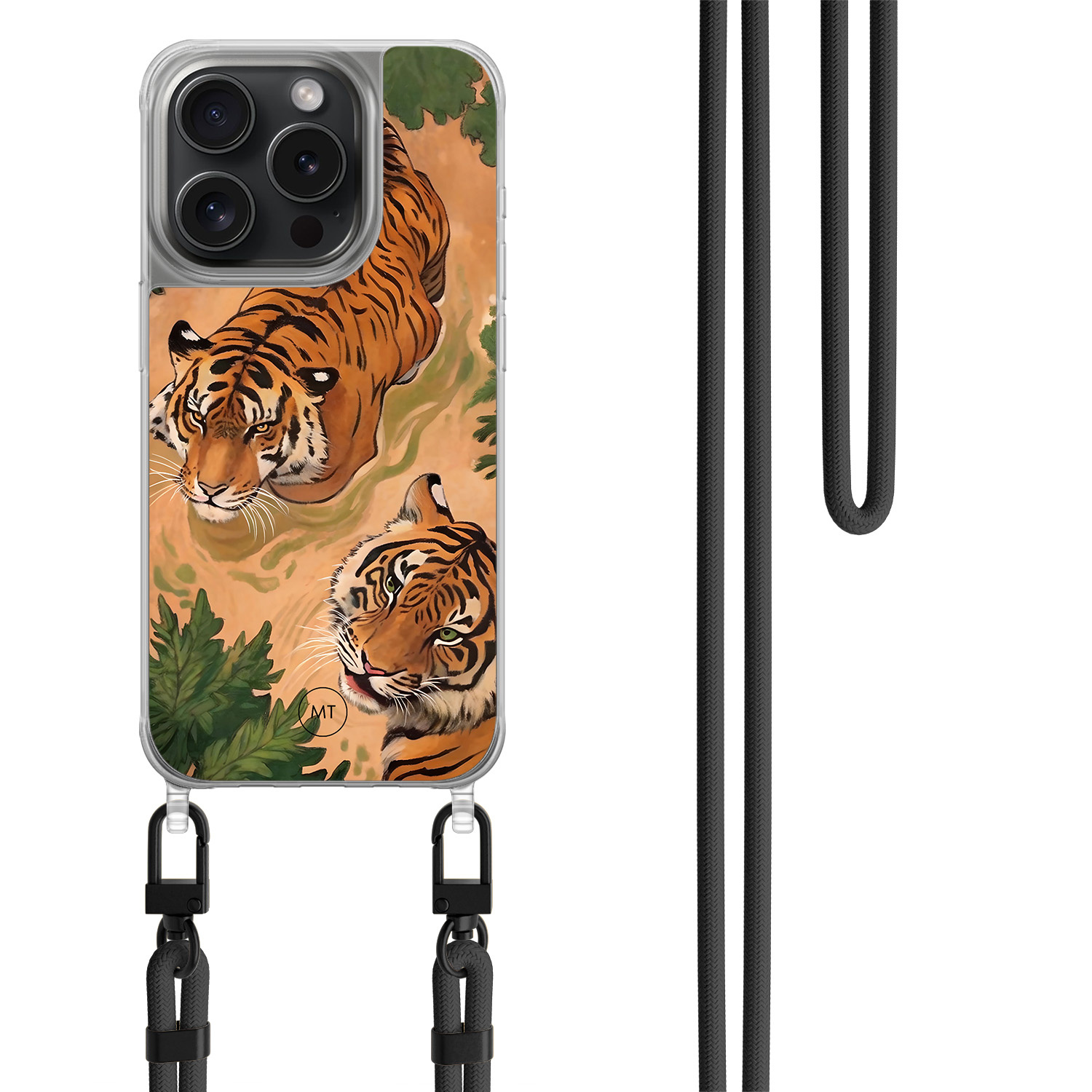 Mooie Telefoonhoesjes iPhone 15 Pro hoesje met zwart koord - Wild tigers
