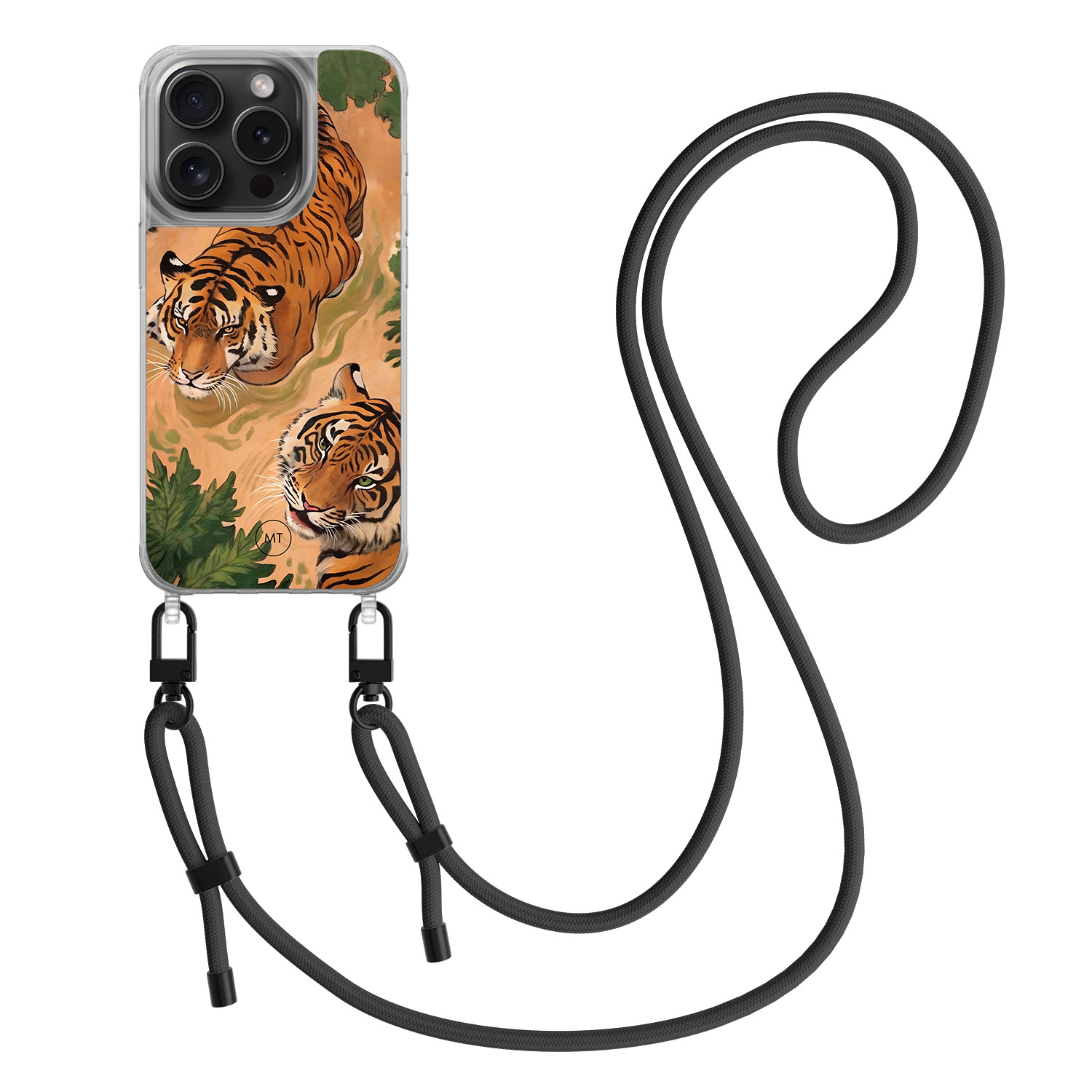 Mooie Telefoonhoesjes iPhone 15 Pro hoesje met zwart koord - Wild tigers