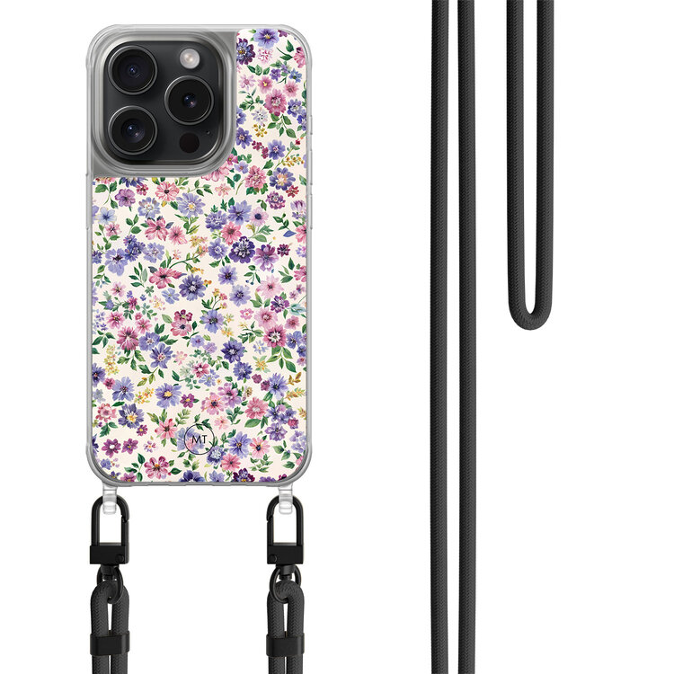 Mooie Telefoonhoesjes iPhone 15 Pro hoesje met zwart koord - Purple garden