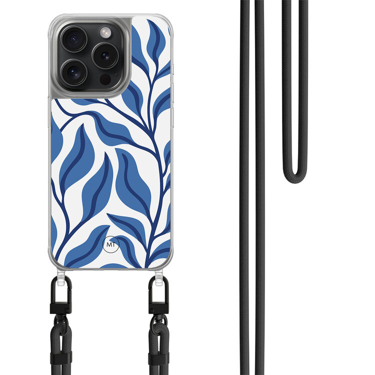Mooie Telefoonhoesjes iPhone 14 Pro hoesje met zwart koord - Blue leaves