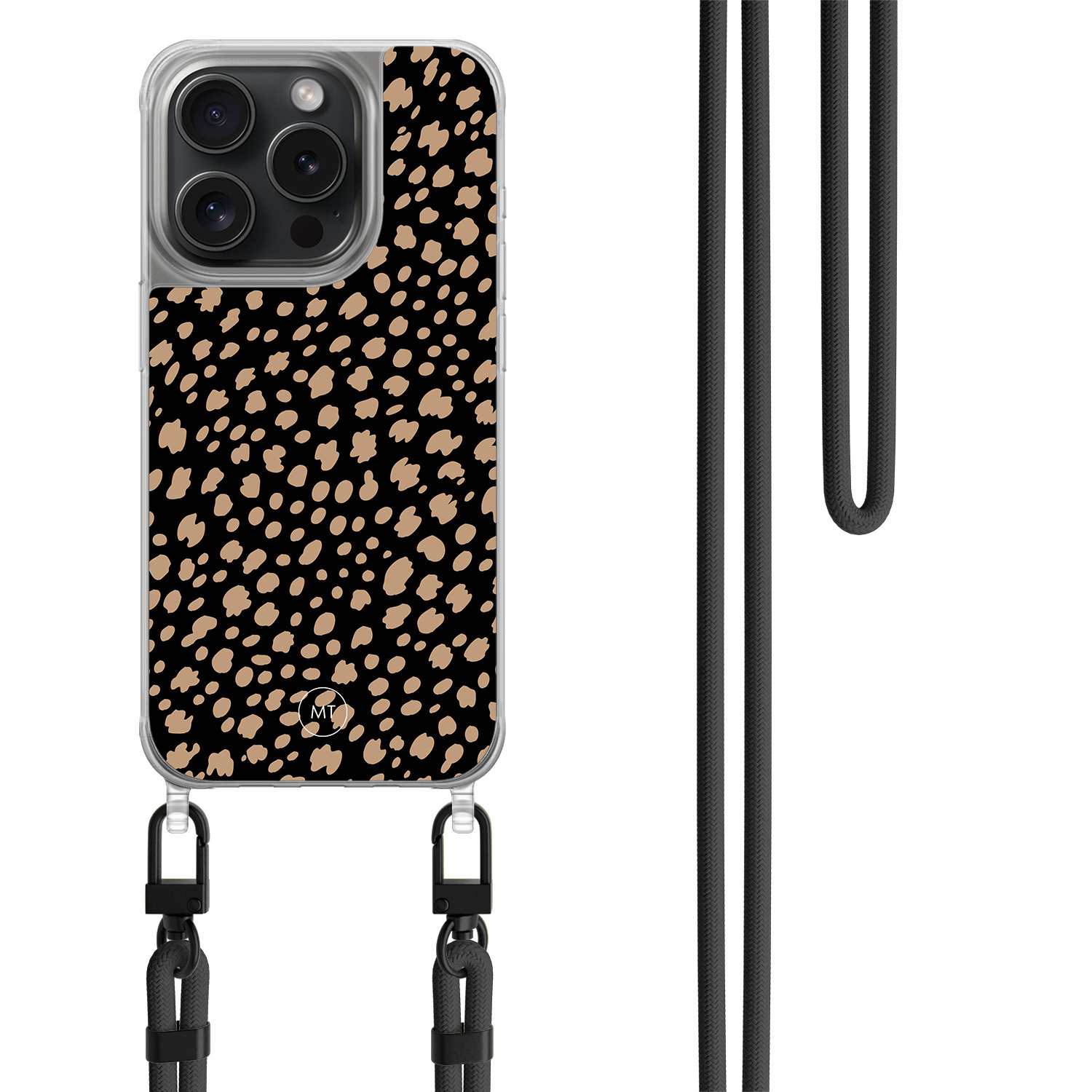 Mooie Telefoonhoesjes iPhone 14 Pro hoesje met zwart koord - Savannah spots