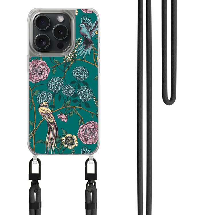 Mooie Telefoonhoesjes iPhone 14 Pro hoesje met zwart koord - Bloomy birds
