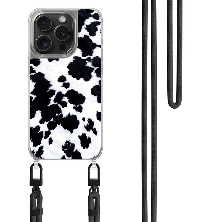 Mooie Telefoonhoesjes iPhone 14 Pro hoesje met zwart koord - Koeienprint