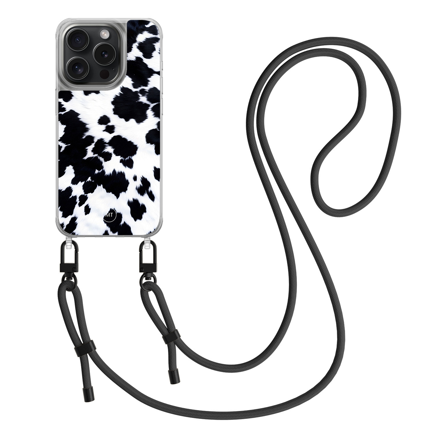 Mooie Telefoonhoesjes iPhone 14 Pro hoesje met zwart koord - Koeienprint
