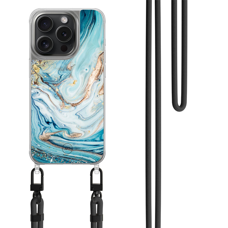 Mooie Telefoonhoesjes iPhone 14 Pro hoesje met zwart koord - Marmer blauw goud
