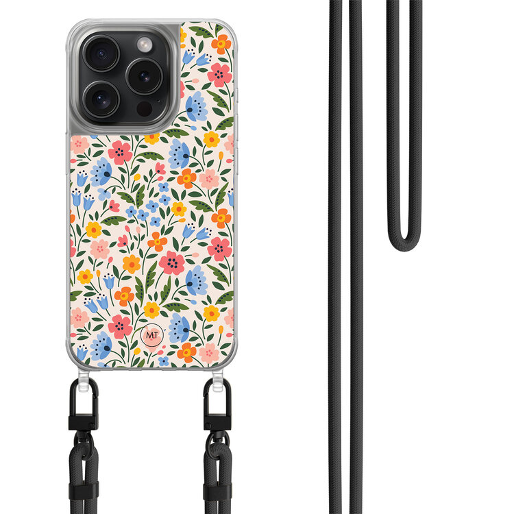 Mooie Telefoonhoesjes iPhone 14 Pro hoesje met zwart koord - Romantische bloemen